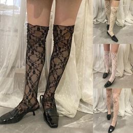 Women Socks Womens Korean Sheer Flower Lace Thigh Highs Stockings See Through Mesh Loose Slouch Solid Over Knee Long Sock
