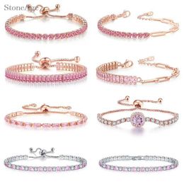 Bangle Pink Crystal Womens Tennis Trend Romantic Sparkling Zirconia Adjustable Folding Buckle Bracelet Q240522