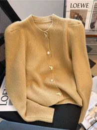 Women's Knits Korean Style Solid Colour Cardigan Coat With Bubble Sleeve Metal Button Long Fragrant Round Neck Winter Sweater