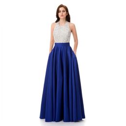 Royal Blue Satin Prom Dresses for Women Long with Beading Pocket Halter Floor Length Zipper Formal Evening Party Gowns 2019 273v