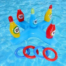 Inflatable Pool Bowling Toss Game Inflatable Floating Hoops with Rings Outdoor Swimming Pool accessories Summer Water Play 240508