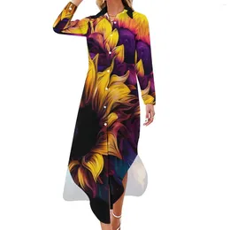 Casual Dresses Watercolor Sunflower Dress Colorful Flowers Street Style Sexy V Neck Beach Chiffon Long Sleeve Clothing 6XL