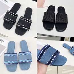 Flat Denim Slides Designer Women Sandals Summer Canvas Slippers House Pool Comfort Slider Beach Shoes With Box 571