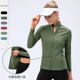 Women's Polos Autumn Yoga Polo Shirt Nylon Sportswear Tight Stretch Running Zipper Fitness Clothing Long Sleeves Women Pocket Outer