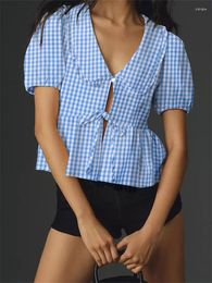 Women's Blouses Women Summer Shirts Plaid/Dot Print Tie-up Front Short Sleeve Tops Doll Dollar Elegant Blouse Retro Aesthetic Clothes