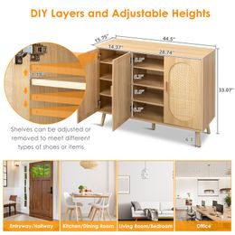 ZK20 Modern Rattan Shoe Storage Cabinet with 3 Doors and Adjustable Shelves, Accent Cabinet for Living Room, Bedroom, Hallway