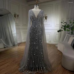 Party Dresses SERENE HILL Arabic Grey Mermaid Sleeves Luxury Beaded Evening 2024 Cape Gowns For Women Wedding GLA72289