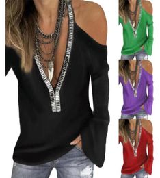 Women039s TShirt Sexy Sequins V Neck Cold Shoulder Long Sleeve Women Solid Colour Top Plus Size Decor Womens8452572