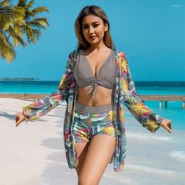 Women's Swimwear Lightweight Bikini Suit Printed Cardigan Set Leaf Print Sun Protection Swimsuit With Long Sleeve Cover Up For Women