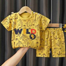 Pajamas Summer boy clothing set childrens cartoon printed short sleeved T-shirt top+shorts childrens baby boy pure cotton pajamas casual wear WX5.21