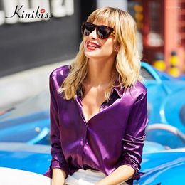 Women's Blouses Kinikiss Women Satin Purple Shirts Tops Fashion Model Colour Cool Ladies Blouse Office Long Sleeve Turn-down Collar Shirt