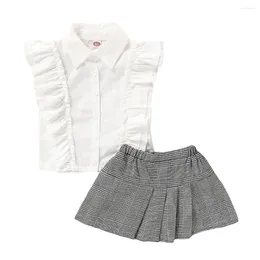 Clothing Sets Toddler Baby Girls Sleeveless Solid Ruffles Shirt Tops Plaid Skirt Outfits Set