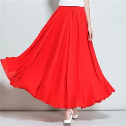 Skirts 2024 Summer Women Chiffon Long Skirt A-Line Elastic High Waist Maxi Elegant Solid Femme Streetwear