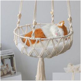 Cat Beds Furniture Breathable Hollow Hanging Basket Cotton Line Flower Pot Fruit Pet Swing Net Bag Gift Home Decor Drop Delivery Garde Dhbuw