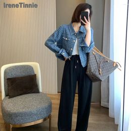 Women's Jackets IRENE TINNIE Tweed Jacket Women Spring Short Coat Vintage Gold Button Blue Knit Denim Design Sense Graceful Ropa De Mujer