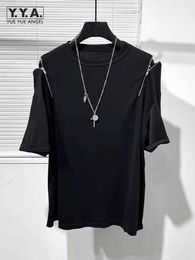 Men's T-Shirts Fashion Zipper Off Shoulder Black Mens T-Shirt Short Sleeve O-Neck Casual Pullover T-Shirt Loose Fit New Summer Men Tees Tops J240522