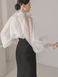 Women's Blouses Japanese Bow Puff Sleeve Lace-up Shirt For Women 2024 Summer Elegant Fashion Chiffon Blouse See-through Sweet Y2k Top