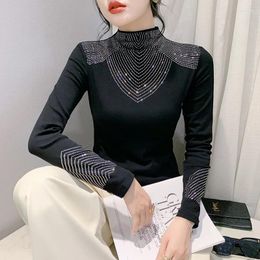 Women's T Shirts Half High Collar Long Sleeved Black Shirt For Women Diamond Cotton Streetwear Fashion Slim Fit Casual Tops