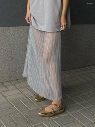 Skirts Y2k Vintage Mesh Pleated See-Through Long Skirt For Women Sheer Sexy Hollow Out Holiday Beach Female High Waist