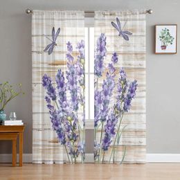 Curtain Purple Flower Lavender Dragonfly Wood Sheer Curtains For Living Room Decoration Window Kitchen Tulle Voile