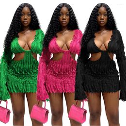 Casual Dresses Women Fashion Wave Ruffles V-neck Cutout Waist Long Sleeve Bodycon Midi Dress 2024 Sexy Party Club INS Vestidos