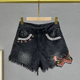 Women's Jeans Edge Denim Shorts For Women 2024 Summer High Waist Slimming European Exquisite Rhinestone A- Line Wide Leg Pants