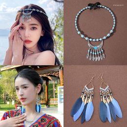 Hair Clips Retro Ethnic Chinese Exotic Headdress Crescent Leaf Tzitzit Forehead Chain Eyebrow Drop Tourist Earrings