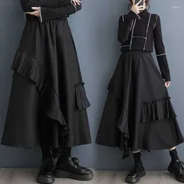 Skirts Casual Long Maxi Skirt Women Fashion Irregular Double Layer Korean High Waist Pleated Black Female Lady Goth
