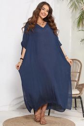 Casual Dresses Beach Cover Ups Swimwear Dress Solid V-Neck Loose Long Spring Summer Lady Beachwear Without Bikini