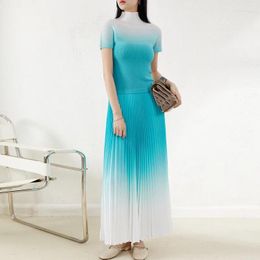 Work Dresses Two Piece Set For Women Gradient Colour High Quality Miyake Pleated Turtleneck Short Sleeved Top Skirt