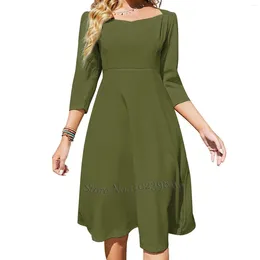 Casual Dresses Dark Terrarium Moss Green Fashion Color Trends Spring Summer 2024 Square Neck Dress Plus Size Elegant Women Waist Tight