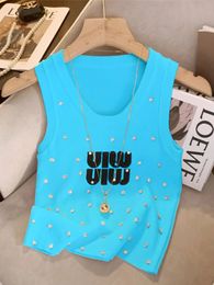 Plus Size Embroidered Drilling Vest Women Summer Korean Style SlimFit Elastic Knitted Sling Sleeveless Top Trendy 240516