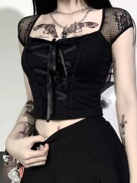 Women's Tanks Camis Retro Top Gothic T-shirt Womens Body Bandage Lace Black T-shirt Gothic Street Clothing Sexy Womens Top Casual Mesh T-shirt Y240523