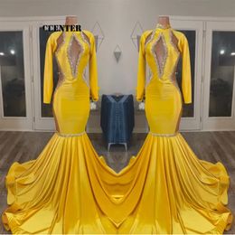 yellow gold Prom Dresses For Black Girls African Party Dress Long Sleeve Special Occasion evening Gown Mermaid robe de femme mariage 257O