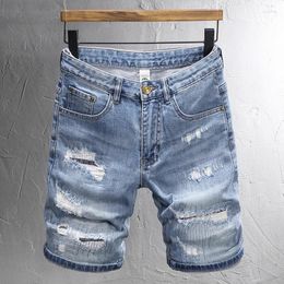 Men's Jeans Summer Fashion Vintage Men Retro Blue Stretch Slim Fit Ripped Short Hombre Patched Designer Casual Denim Shorts
