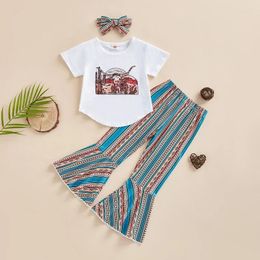Clothing Sets Summer Toddler Baby Girls Outerwear Kids Fashion Short Sleeve T-Shirt Striped Flare Pants Headbands Children Set