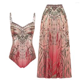 Women's Swimwear Gradient Vintage Print Feather Swimsuit Suspender V-Neck Halter Elegant Bikini One-Piece 2024 Women Beach Dress