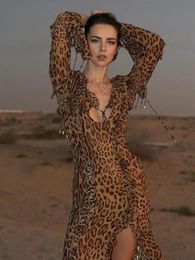 Tossy Chiffon Ruffle Leopard Print Long Dress Womens Fashion Deep V Slit Long Sleeves Slim Sexy Strappy Summer Long Dress 240523