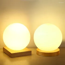 Table Lamps 15cm Simple Glass Creative Warm Dimmer Night Light Desk Bedroom Bed Decoration Ball Wooden Small Round Lamp