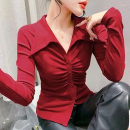 Women's T Shirts Women Slim Folds Sexy V-neck Solid T-shirt Long Sleeve Turn-down Collar Simple Fashion All-match Pullovers Button Tops