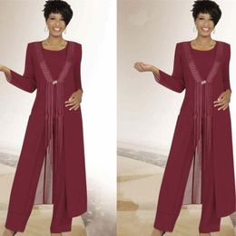 Burgundy Chiffon Bridal Pant Suits Wedding Mother Of the Bride Suits with Long Jacket Tassel Formal Evening Party Outfits with Wrap Ves 265z