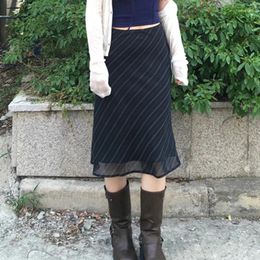 Skirts Elegant Korean Style College Striped Bow Midi For Summer Women's Dress 2024 Mesh Thin Skinny Wrap Lining Skirt Woman