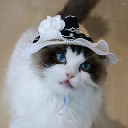 Dog Apparel Adjustable Cat Cap Ins Style Camellia Straw Hat Sun Summer Pet Beach Party Costume Accessories