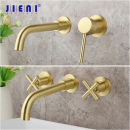 Bathroom Sink Faucets JIENI Luxury Brushed Golden Tap Wall Mounted Basin Faucet Solid Brass & Cold Mixer Bathtub