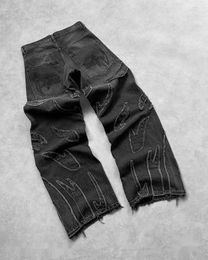 Men's Jeans Edge Embroidery Vintage Y2k Retro Black Baggy For Men Hip Hop Punk Pattern Patchwork High Waisted Denim Pants