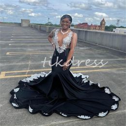 Uniques Black Mermaid Prom Dresses With White Appliques Lace Illusion Neck Beaded Tassel Aso Ebi Evening Dress Elegant Formal Black Girls Dress Vestido Fiesta Mujer