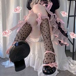 3PCS Kawaii Lolita Bowknot Calf Women Sexy Little Pink Dot Print Crystal Stockings JK Girl Personality Knee-Length long Socks