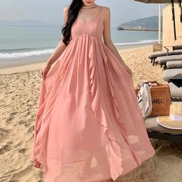 Casual Dresses Runway Beach Holiday Spaghetti Strap Ruffles Patchwork Dress Summer Sleeveless Solid Color High Waist V-Neck Women's Clothing