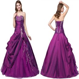 2019 Prom Kleid Purple Stickerei Party Kleider trägerloser Emporidery Pick-ups formelle Kleider Abend A-Line Spaghetti Prom Kleider 270f