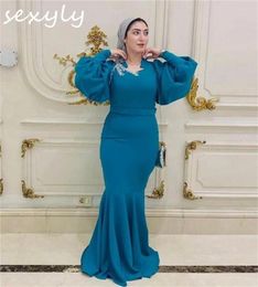 Party Dresses Teal Blue Saudi Arabic Evening Dress 2024 Puffy Long Sleeve Mermaid Prom Appliques Formal Dubai Turkey Gown